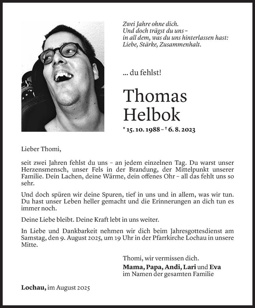  Todesanzeige für Thomas Helbok vom 05.08.2025 aus Vorarlberger Nachrichten