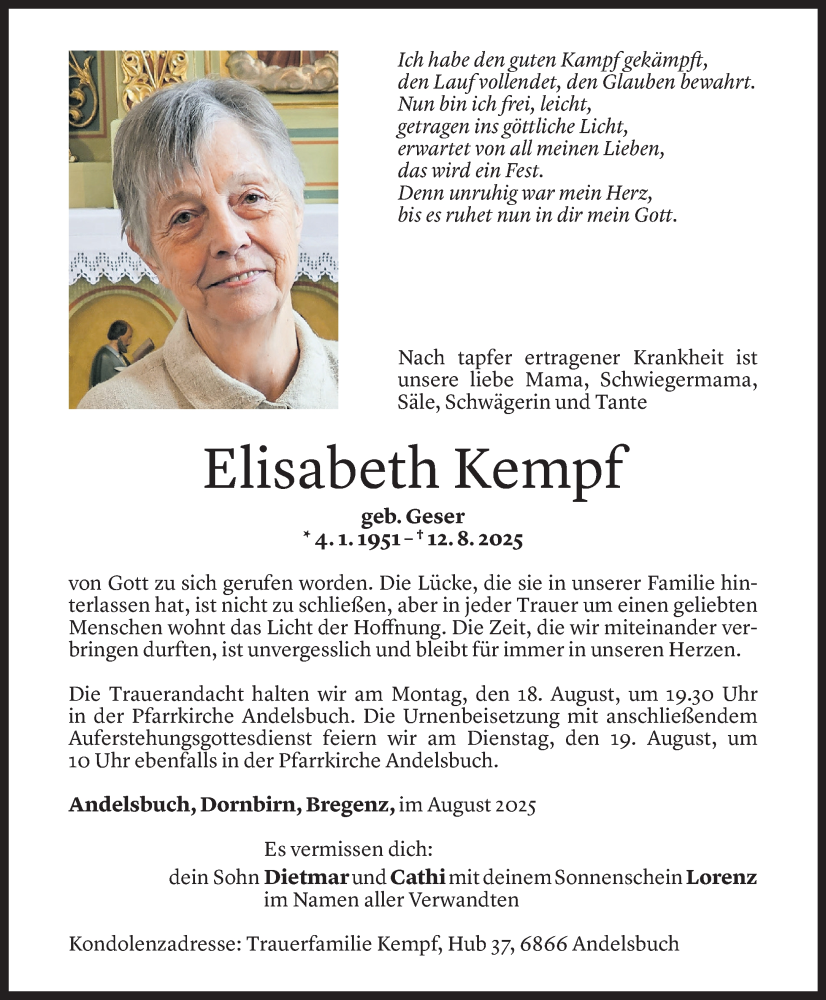  Todesanzeige für Elisabeth Kempf vom 15.08.2025 aus Vorarlberger Nachrichten