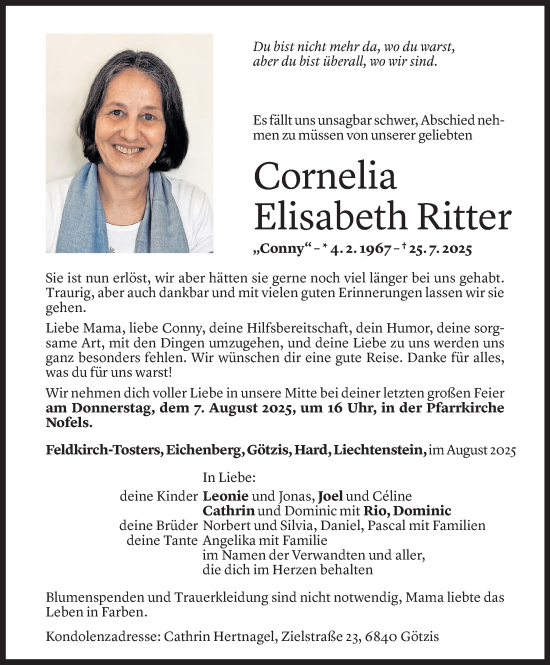 Todesanzeige von Cornelia Elisabeth Ritter von Vorarlberger Nachrichten