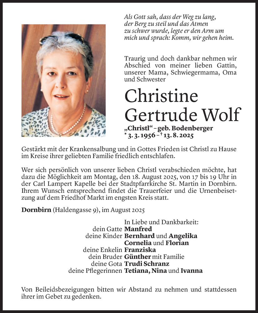  Todesanzeige für Christine Gertrude Wolf vom 14.08.2025 aus Vorarlberger Nachrichten