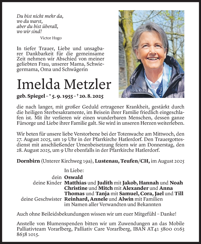  Todesanzeige für Imelda Metzler vom 24.08.2025 aus Vorarlberger Nachrichten