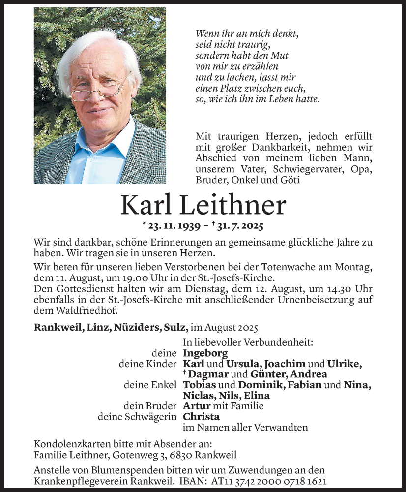  Todesanzeige für Karl Leithner vom 05.08.2025 aus Vorarlberger Nachrichten