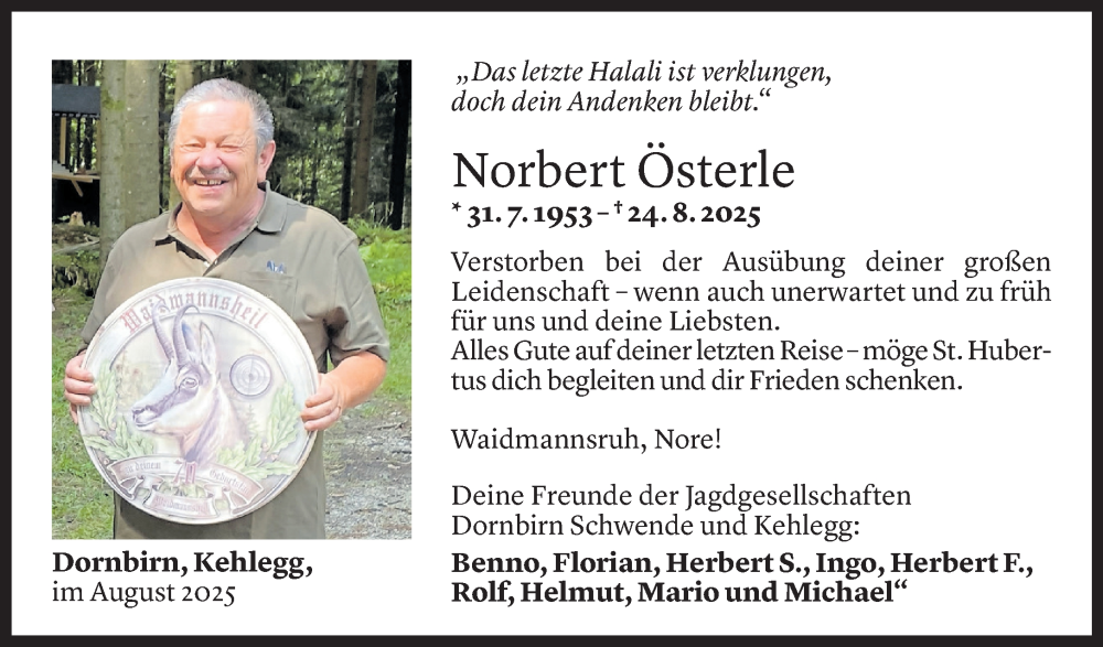  Todesanzeige für Norbert Österle vom 31.08.2025 aus Vorarlberger Nachrichten