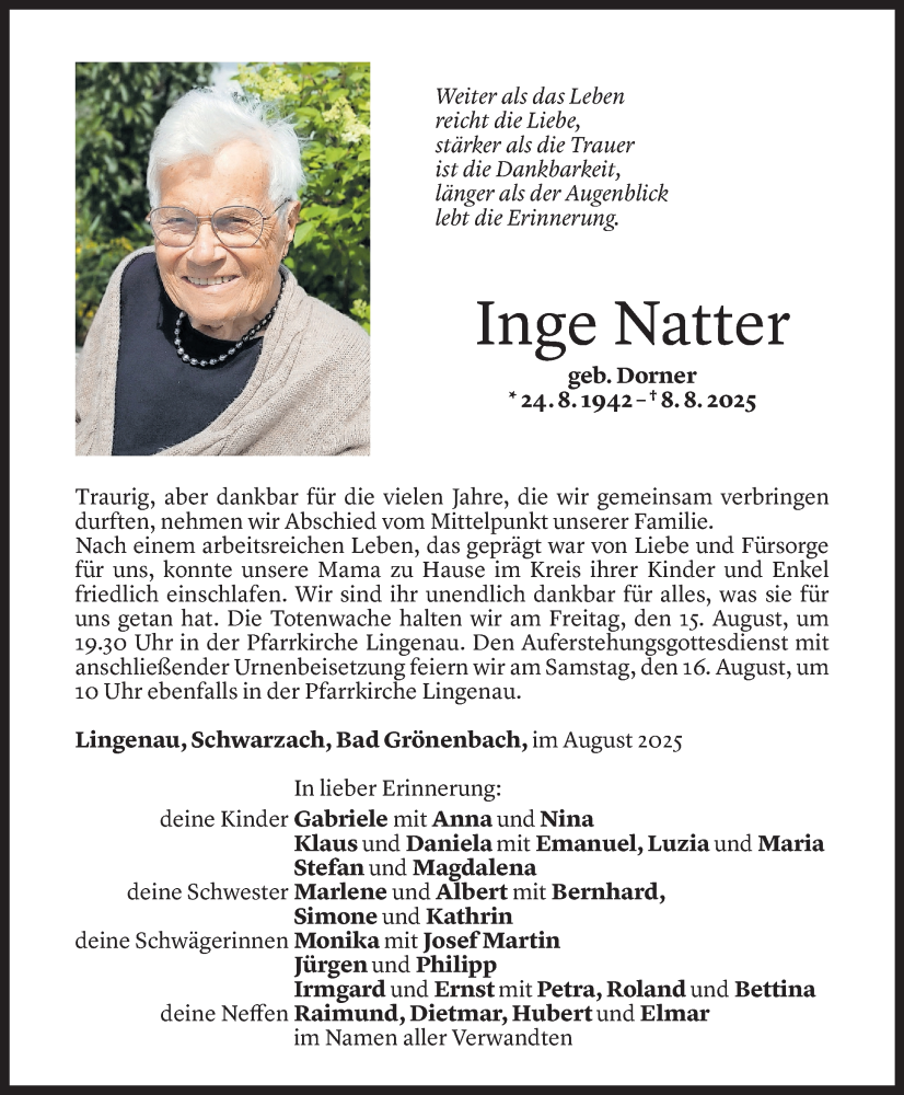  Todesanzeige für Inge Natter vom 12.08.2025 aus Vorarlberger Nachrichten