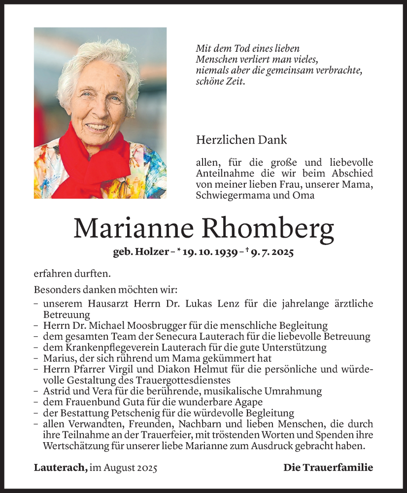  Todesanzeige für Marianne Rhomberg vom 14.08.2025 aus Vorarlberger Nachrichten
