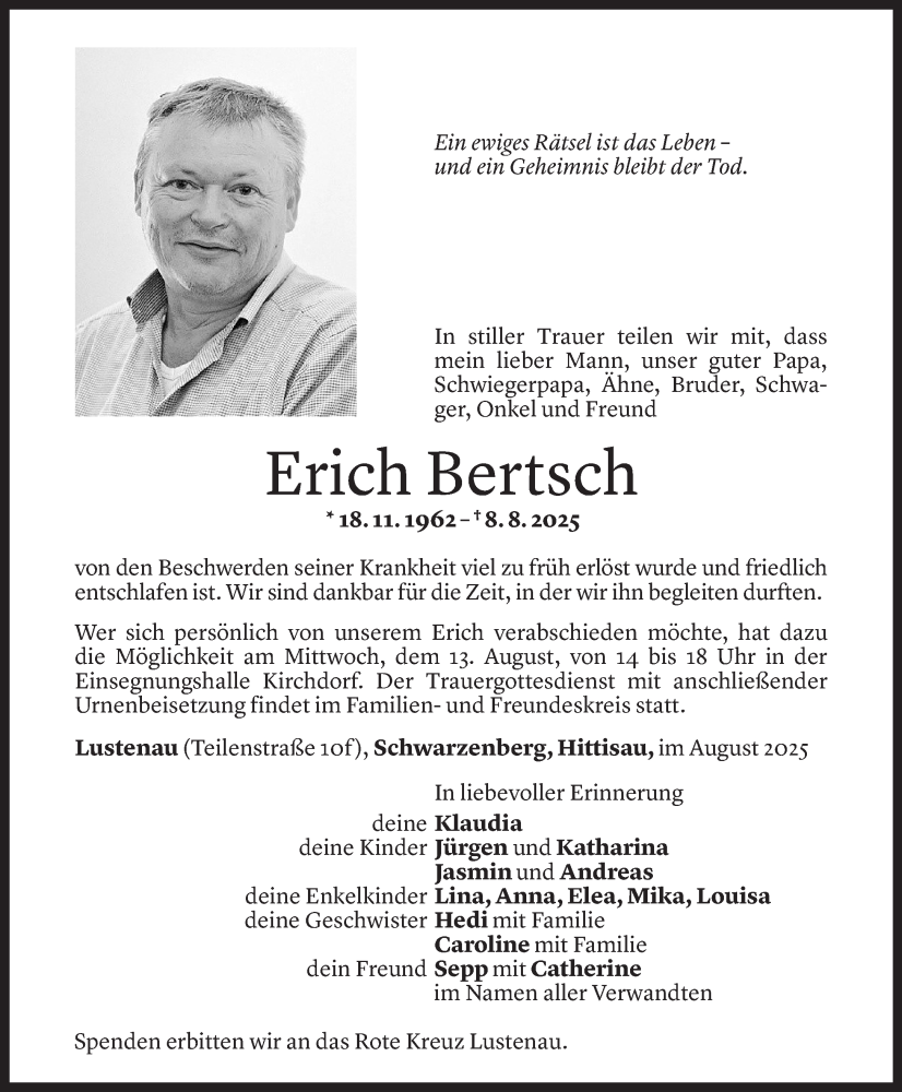  Todesanzeige für Erich Bertsch vom 11.08.2025 aus Vorarlberger Nachrichten