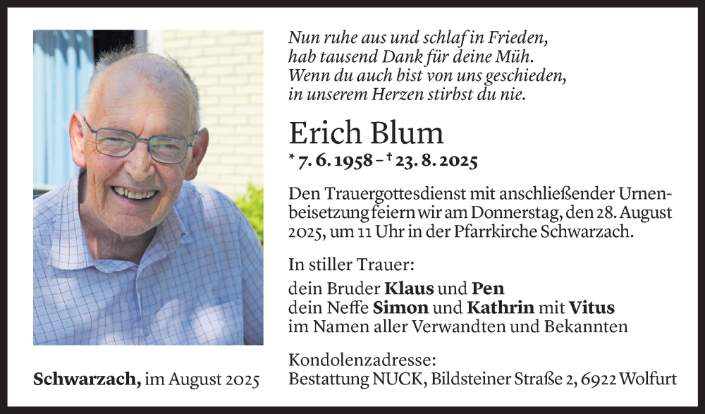  Todesanzeige für Erich Blum vom 25.08.2025 aus Vorarlberger Nachrichten