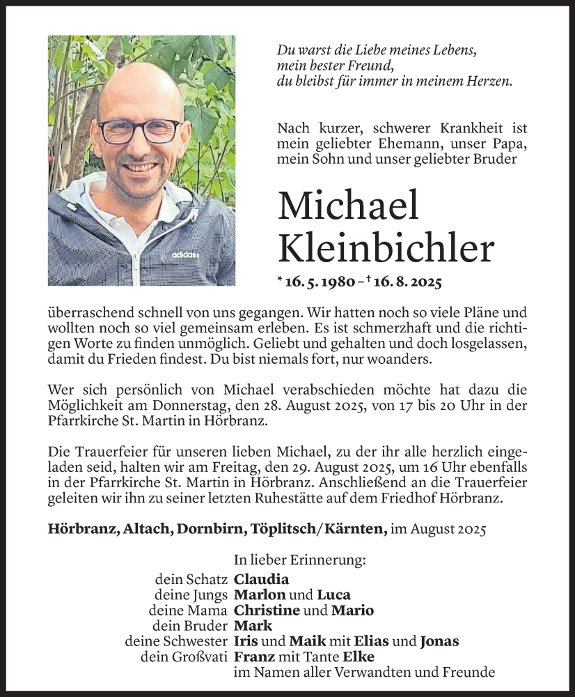  Todesanzeige für Michael Kleinbichler vom 21.08.2025 aus Vorarlberger Nachrichten