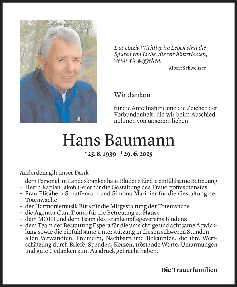  Todesanzeige für Johann Baumann vom 08.08.2025 aus Vorarlberger Nachrichten