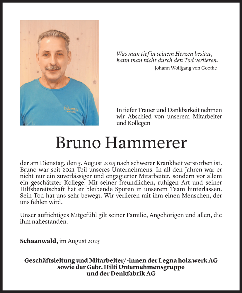  Todesanzeige für Bruno Hammerer vom 08.08.2025 aus Vorarlberger Nachrichten
