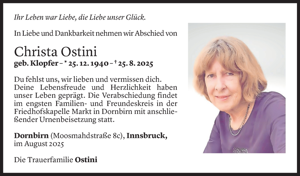  Todesanzeige für Christa Ostini vom 30.08.2025 aus Vorarlberger Nachrichten