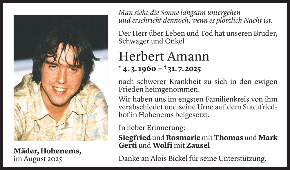  Todesanzeige für Herbert Amann vom 09.08.2025 aus VN