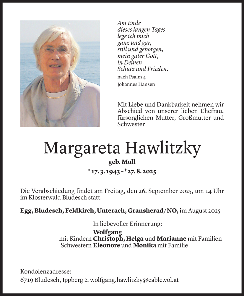  Todesanzeige für Margareta Hawlitzky vom 29.08.2025 aus Vorarlberger Nachrichten