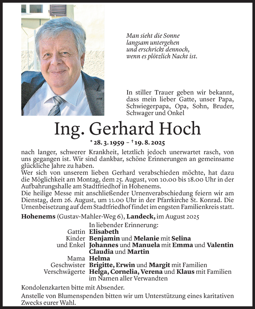  Todesanzeige für Gerhard Hoch vom 23.08.2025 aus Vorarlberger Nachrichten