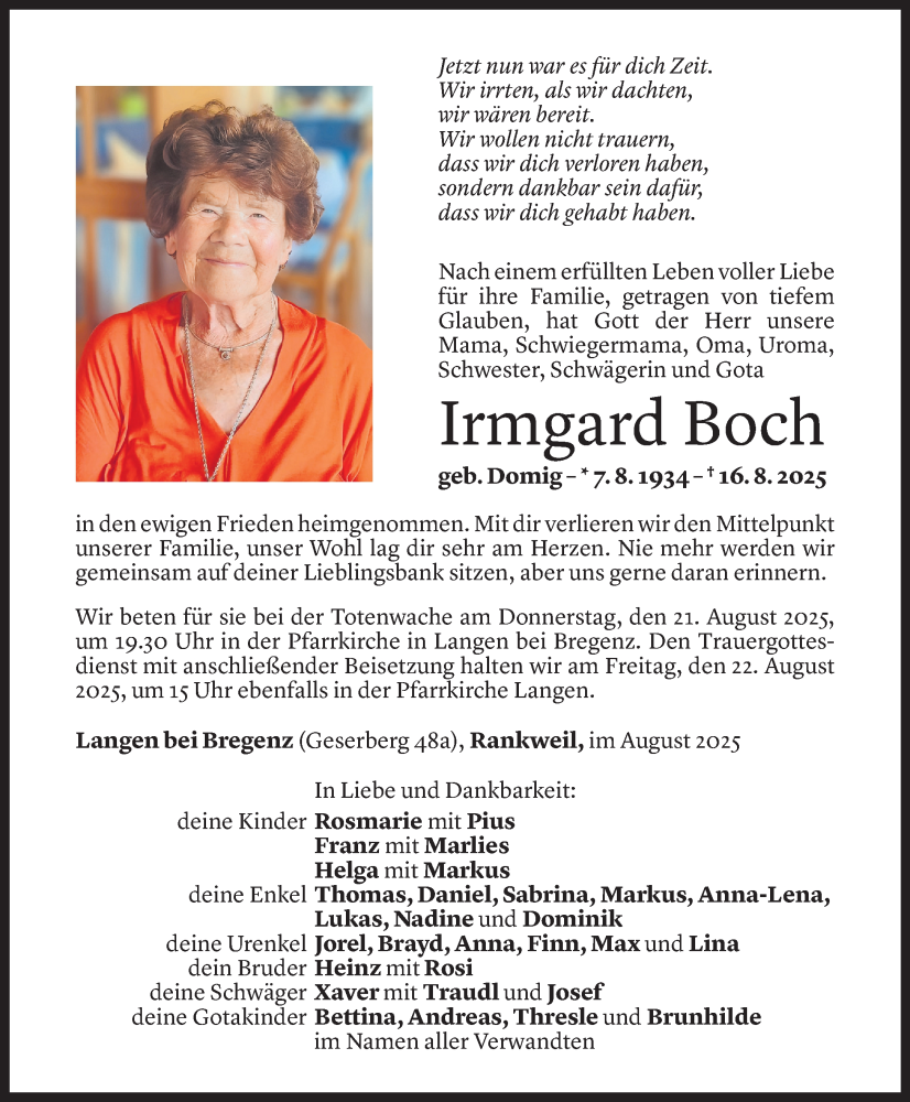  Todesanzeige für Irmgard Boch vom 19.08.2025 aus Vorarlberger Nachrichten