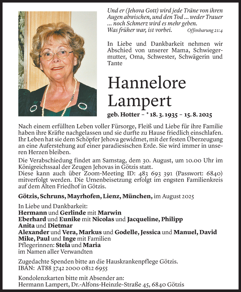  Todesanzeige für Hannelore Lampert vom 25.08.2025 aus Vorarlberger Nachrichten
