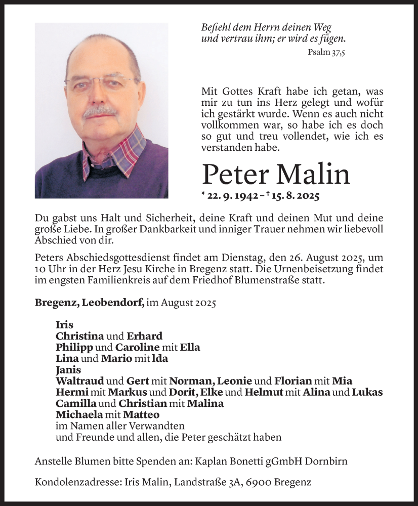  Todesanzeige für Peter Malin vom 20.08.2025 aus Vorarlberger Nachrichten