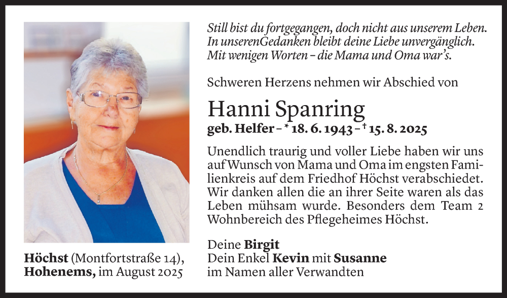  Todesanzeige für Hanni Spanring vom 27.08.2025 aus Vorarlberger Nachrichten