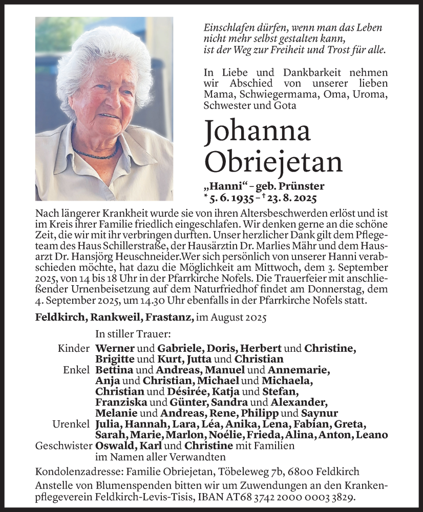  Todesanzeige für Johanna Obriejetan vom 27.08.2025 aus Vorarlberger Nachrichten