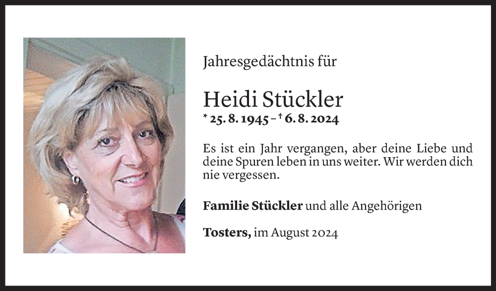  Todesanzeige für Heidi Stückler vom 06.08.2025 aus Vorarlberger Nachrichten