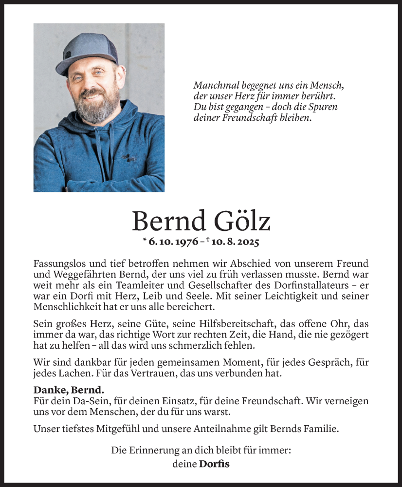  Todesanzeige für Bernd Gölz vom 13.08.2025 aus Vorarlberger Nachrichten