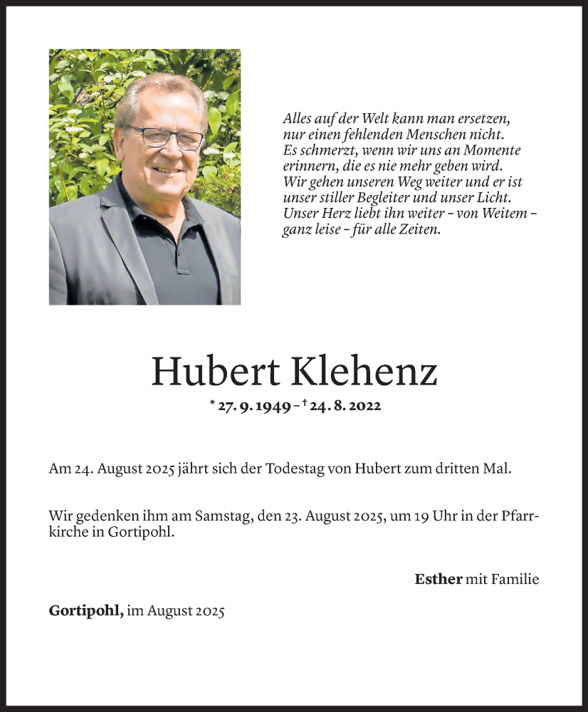  Todesanzeige für Hubert Klehenz vom 21.08.2025 aus Vorarlberger Nachrichten