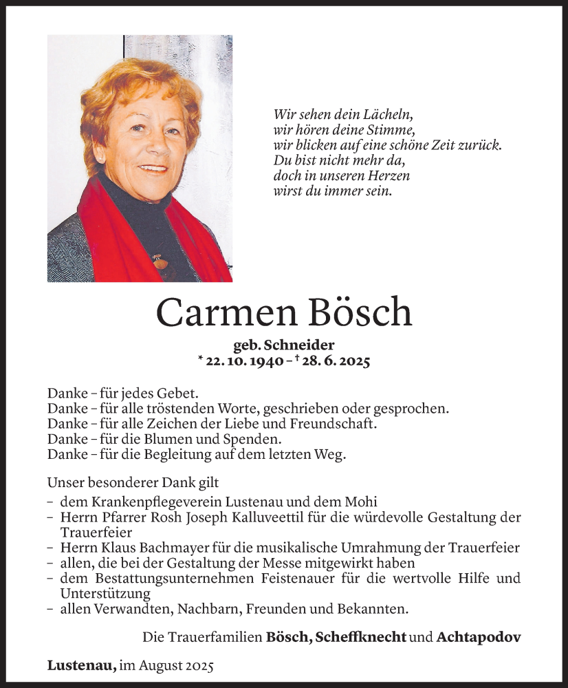  Todesanzeige für Carmen Bösch vom 22.08.2025 aus Vorarlberger Nachrichten