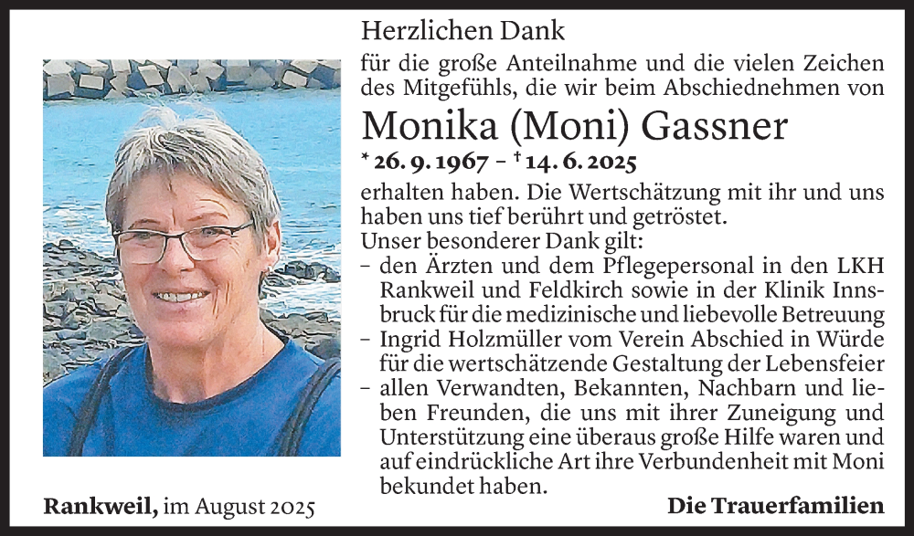  Todesanzeige für Monika Gassner vom 08.08.2025 aus Vorarlberger Nachrichten