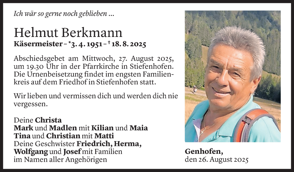  Todesanzeige für Helmut Berkmann vom 23.08.2025 aus Vorarlberger Nachrichten
