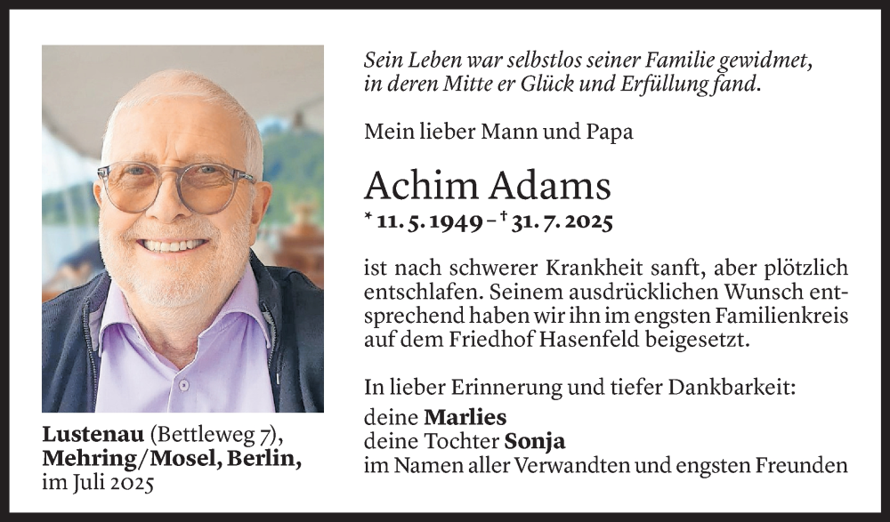  Todesanzeige für Achim Adams vom 09.08.2025 aus Vorarlberger Nachrichten