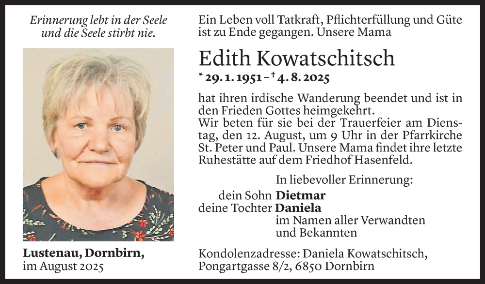  Todesanzeige für Edith Kowatschitsch vom 08.08.2025 aus Vorarlberger Nachrichten