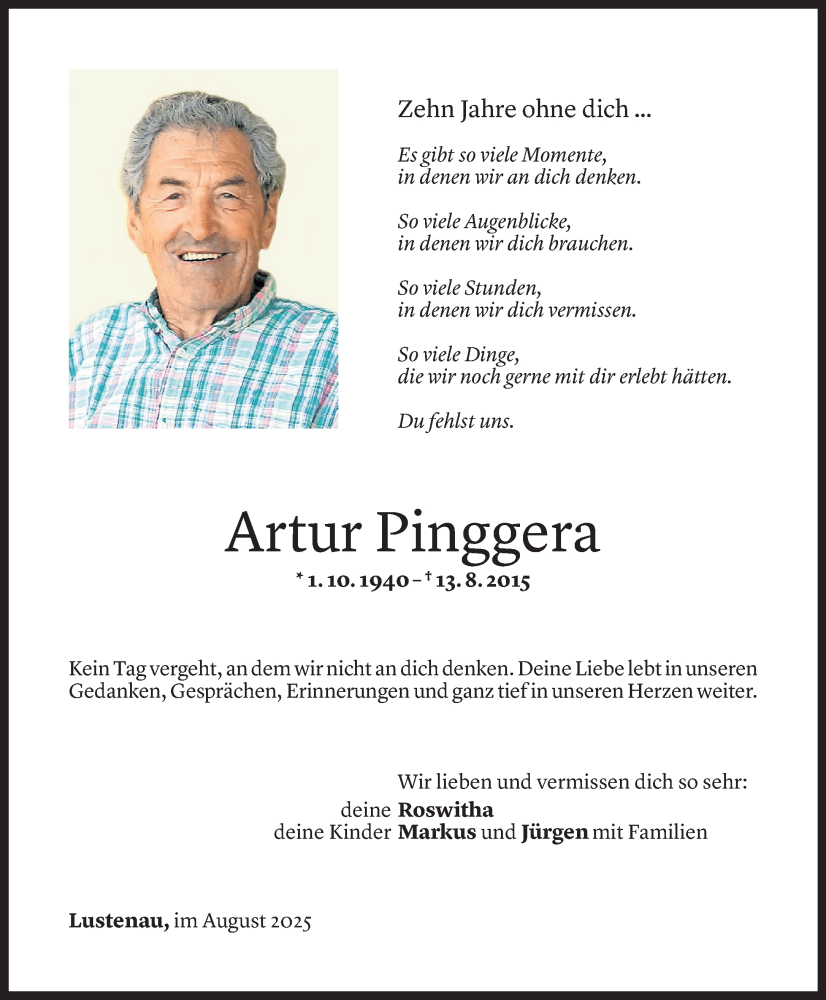  Todesanzeige für Artur Pinggera vom 11.08.2025 aus Vorarlberger Nachrichten