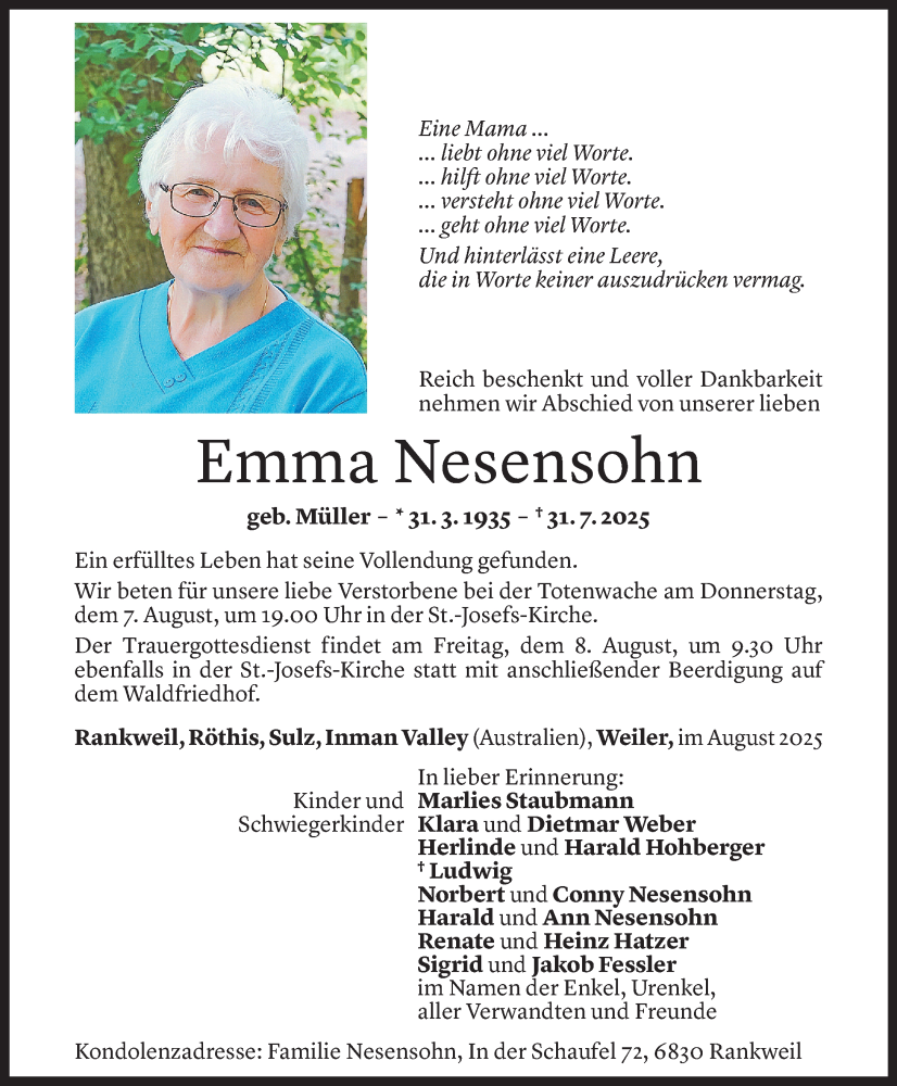  Todesanzeige für Emma Nesensohn vom 04.08.2025 aus VN