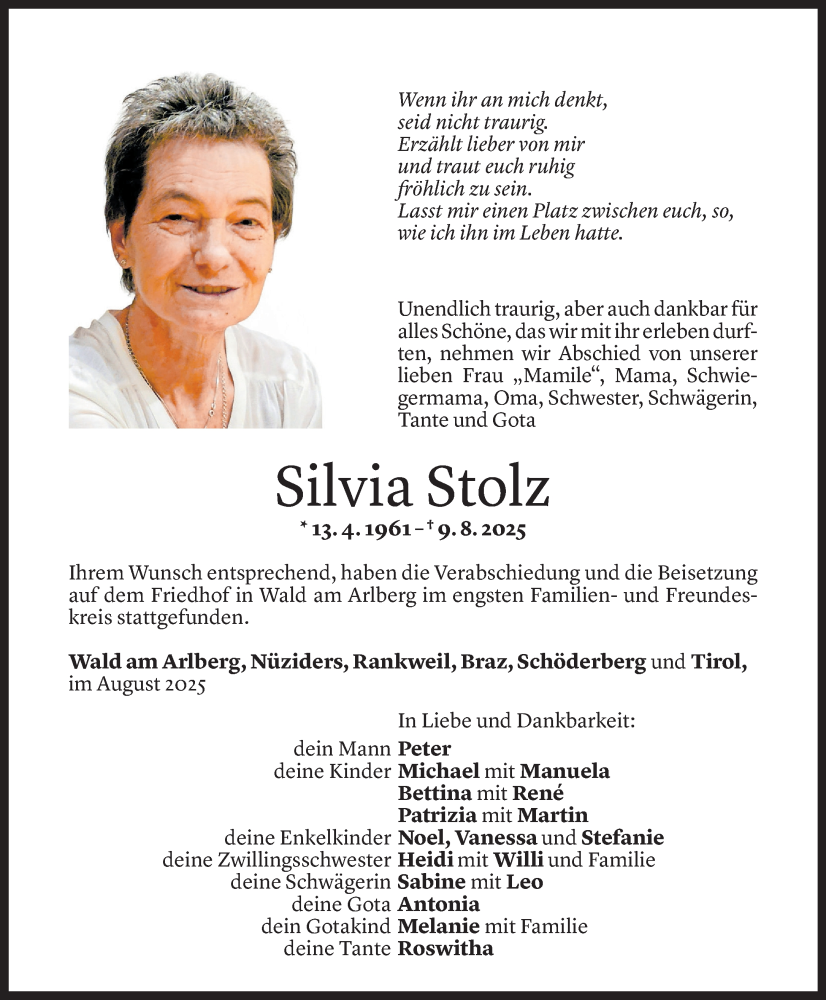  Todesanzeige für Silvia Stolz vom 20.08.2025 aus Vorarlberger Nachrichten