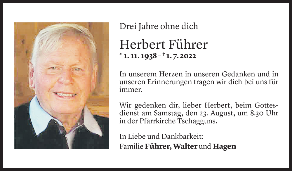  Todesanzeige für Herbert Führer vom 11.08.2025 aus Vorarlberger Nachrichten