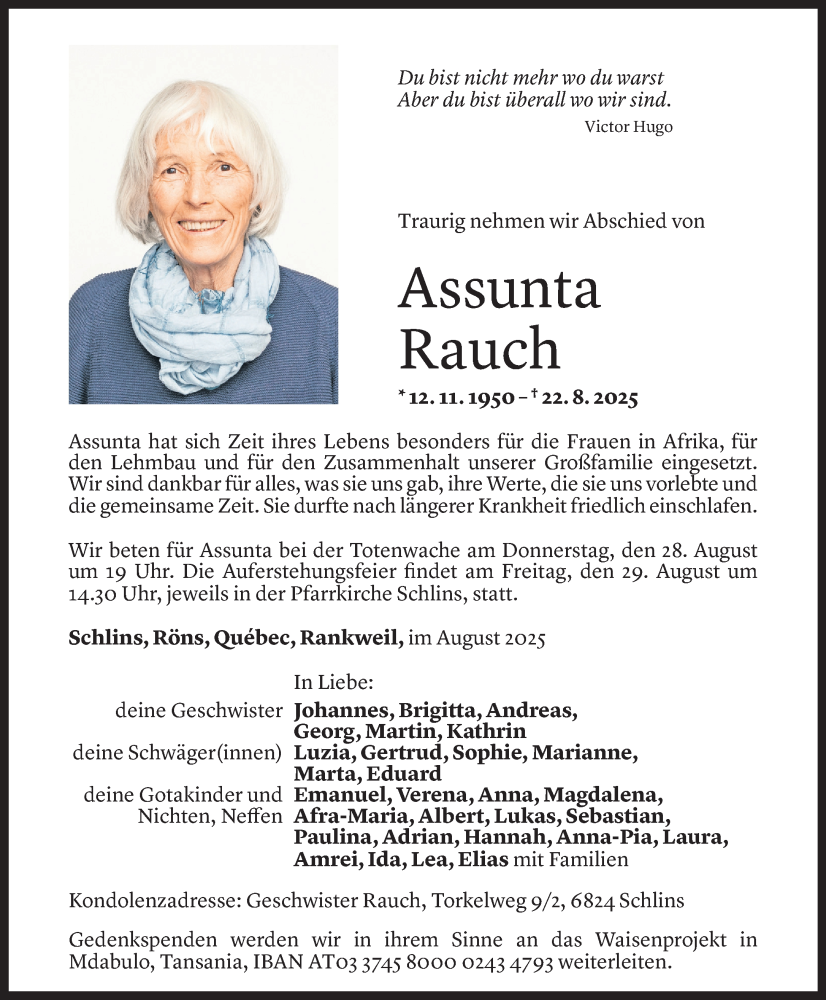  Todesanzeige für Assunta Rauch vom 25.08.2025 aus Vorarlberger Nachrichten