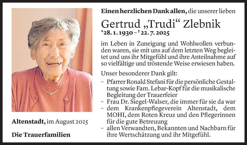  Todesanzeige für Gertrud Zlebnik vom 12.08.2025 aus Vorarlberger Nachrichten