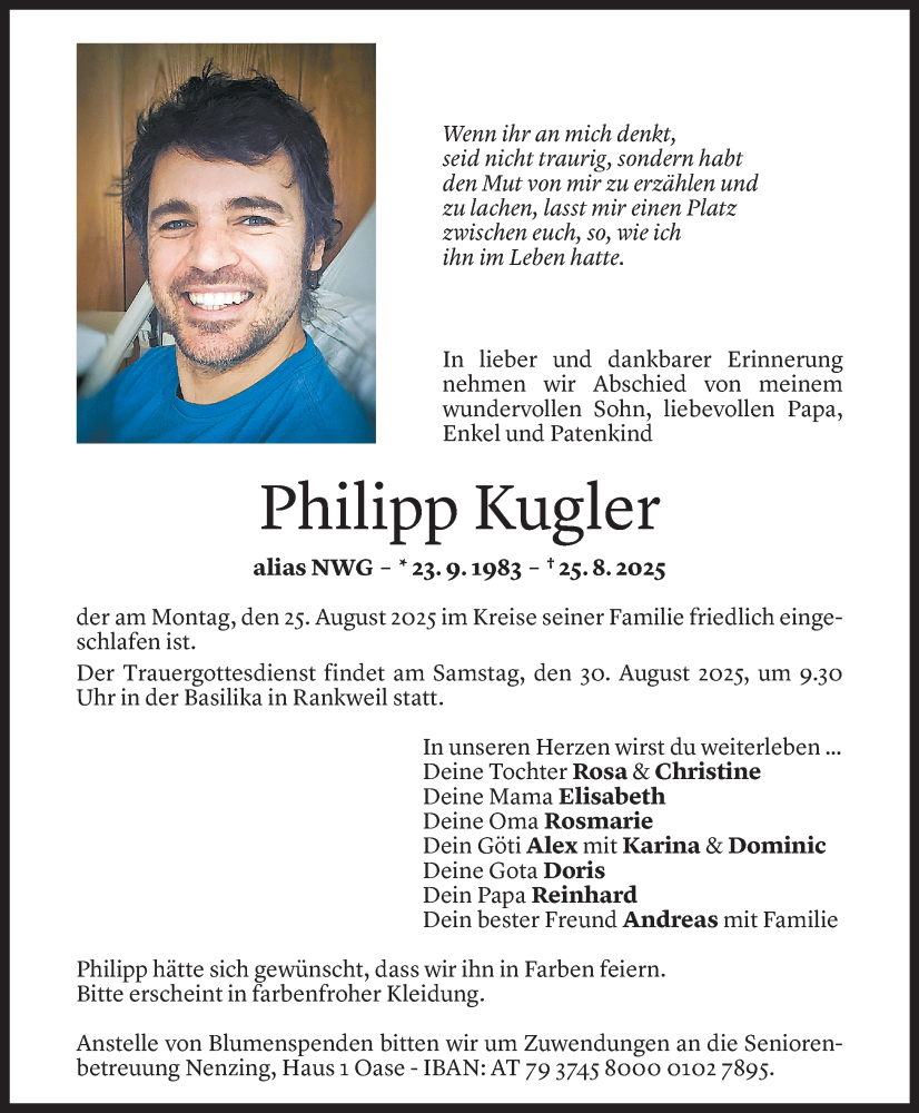  Todesanzeige für Philipp Kugler vom 26.08.2025 aus Vorarlberger Nachrichten