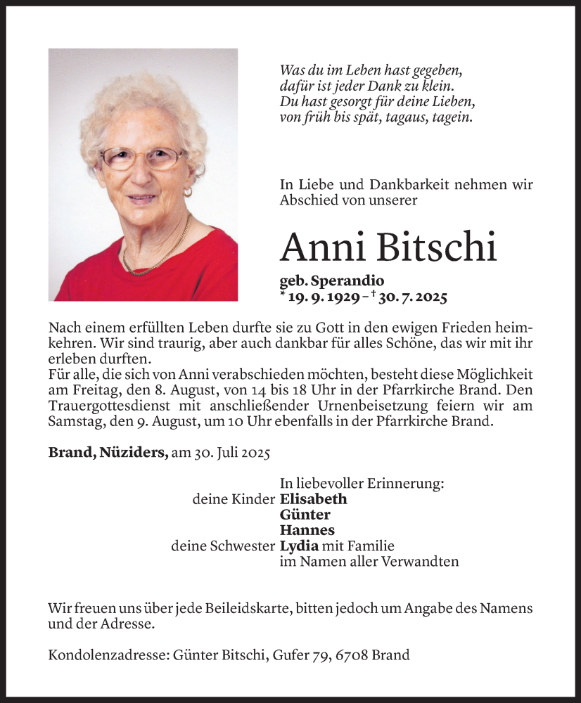  Todesanzeige für Anni Bitschi vom 05.08.2025 aus Vorarlberger Nachrichten