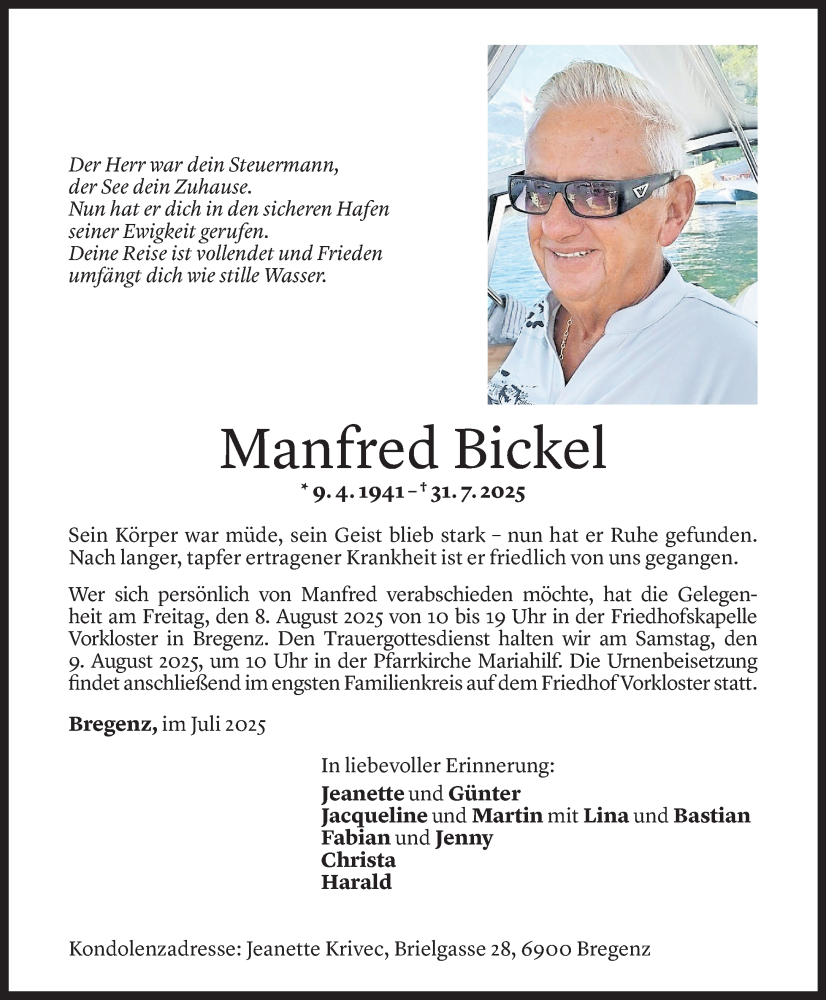  Todesanzeige für Manfred Bickel vom 05.08.2025 aus Vorarlberger Nachrichten
