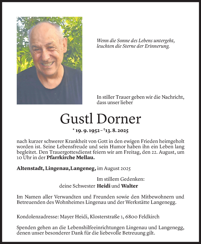  Todesanzeige für Gustl Dorner vom 18.08.2025 aus Vorarlberger Nachrichten