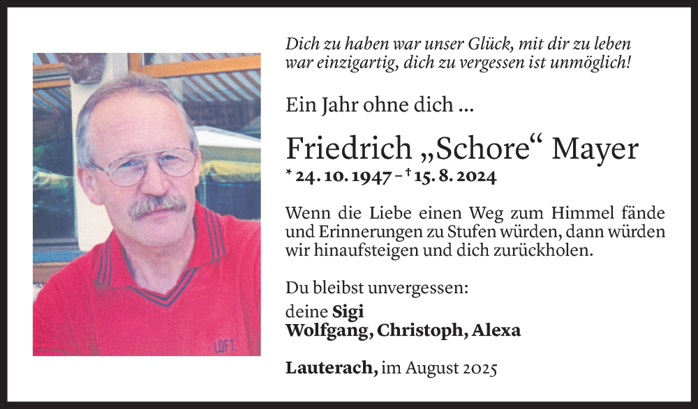 Todesanzeige für Friedrich Mayer vom 15.08.2025 aus Vorarlberger Nachrichten