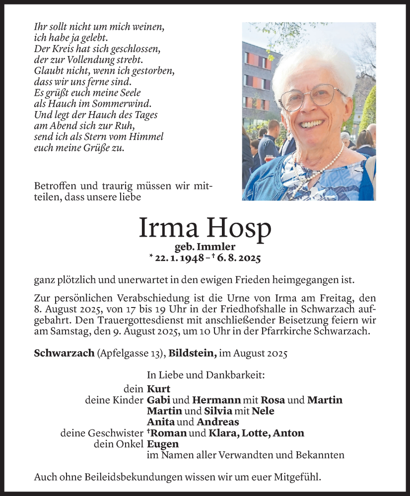  Todesanzeige für Irma Hosp vom 05.08.2025 aus Vorarlberger Nachrichten