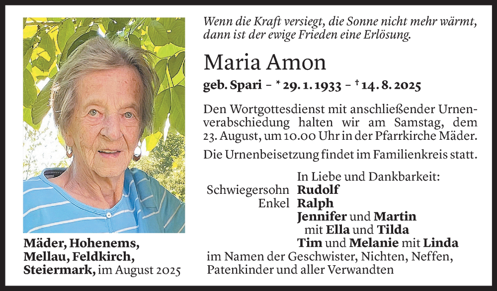  Todesanzeige für Maria Amon vom 19.08.2025 aus Vorarlberger Nachrichten
