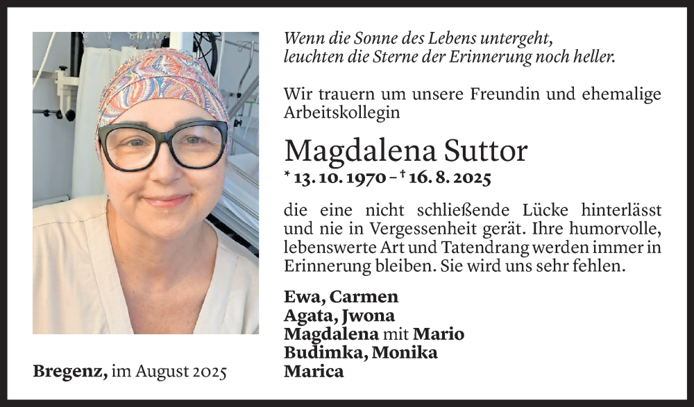  Todesanzeige für Magdalena Suttor vom 21.08.2025 aus Vorarlberger Nachrichten
