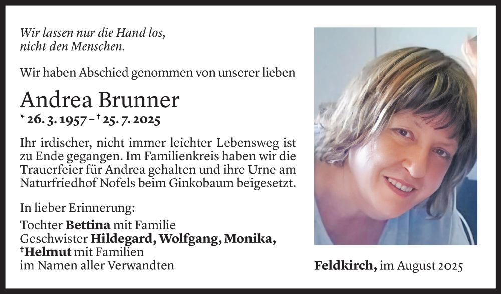  Todesanzeige für Andrea Brunner vom 05.08.2025 aus Vorarlberger Nachrichten