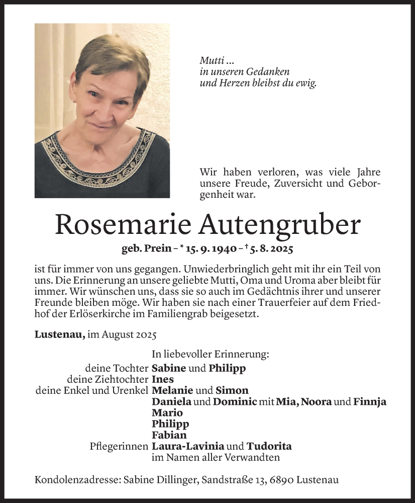  Todesanzeige für Rosemarie Autengruber vom 23.08.2025 aus Vorarlberger Nachrichten