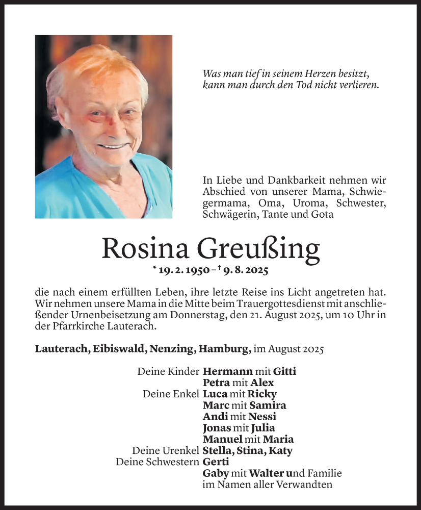  Todesanzeige für Rosina Greußing vom 14.08.2025 aus Vorarlberger Nachrichten
