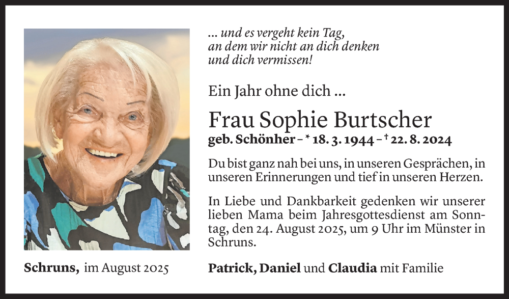  Todesanzeige für Sophie Burtscher vom 20.08.2025 aus Vorarlberger Nachrichten