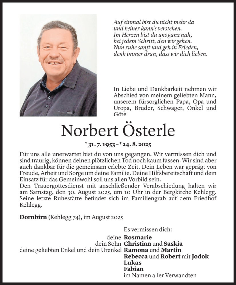  Todesanzeige für Norbert Österle vom 26.08.2025 aus Vorarlberger Nachrichten